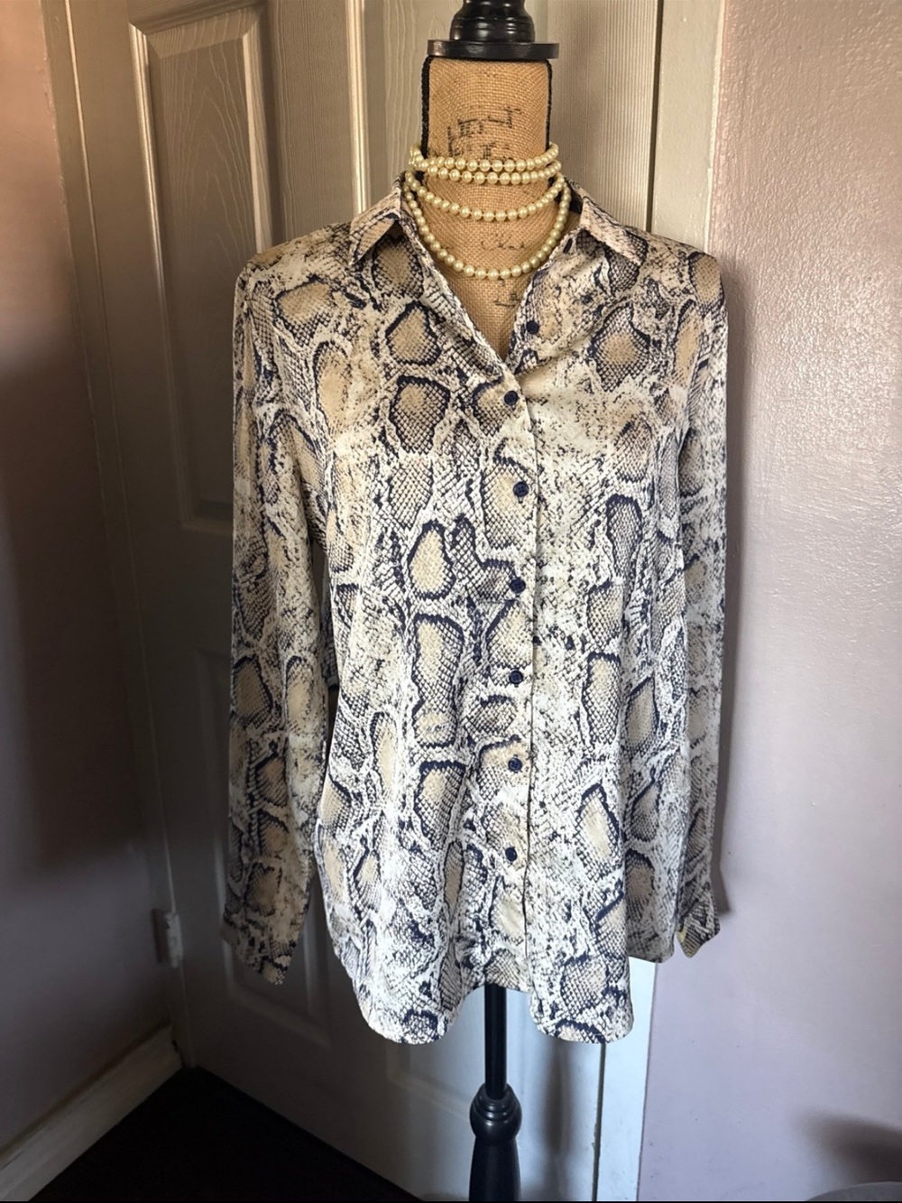 Fashion Nova Beige Black Snake-Print Satin Button Shirt